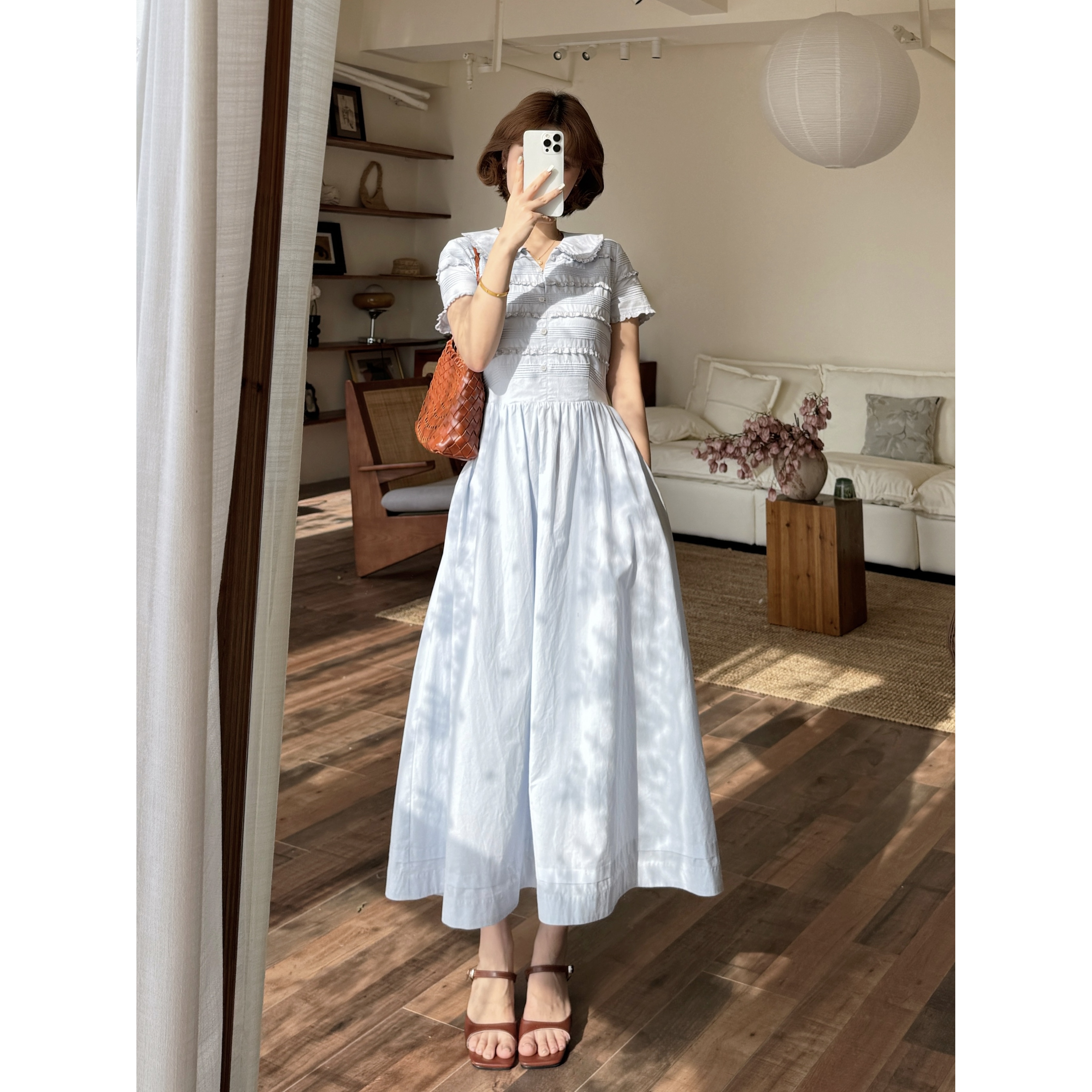 蕾英俊-雾蓝信笺-夏季赫本风法式优雅V领蕾丝边收腰连衣裙-JF6278