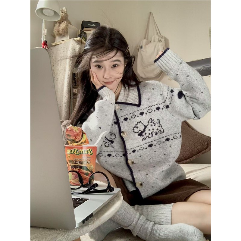 韩系氛围感费尔岛毛衣外套女2025秋季小狗提花针织开衫软糯上衣