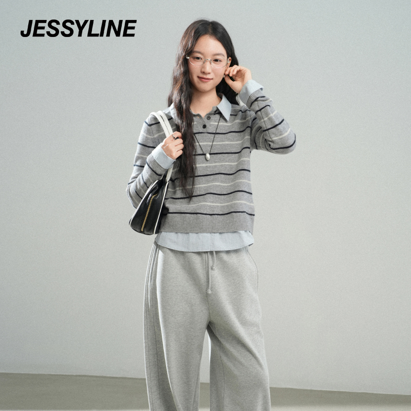 jessyline2025冬季新款 杰茜莱假两件条纹针织衫女 543104143