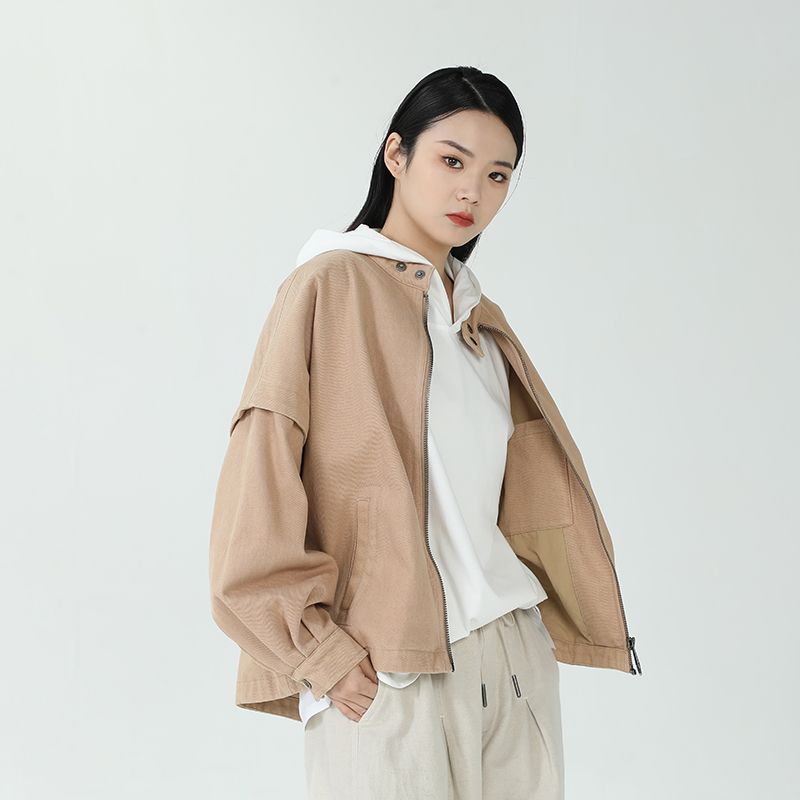 女装瑕疵品503231047拼接立领百搭纯色长袖短款外套女秋