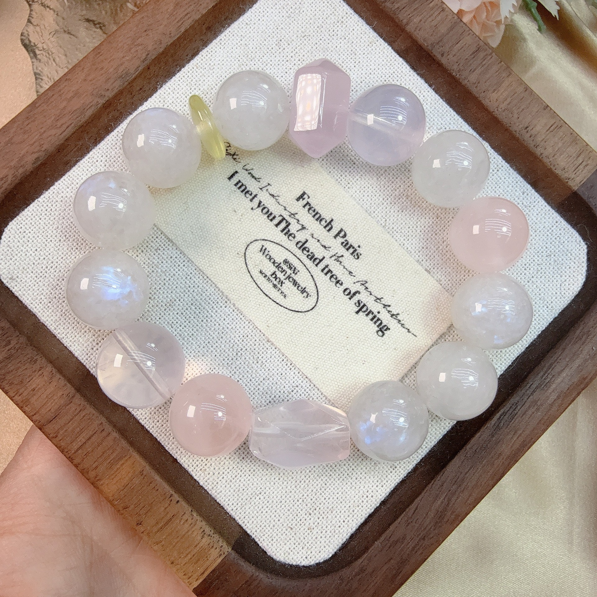 【蓝月光+奶油粉水晶】天然蓝月光13.9mm+粉水晶14mm水晶手串A19