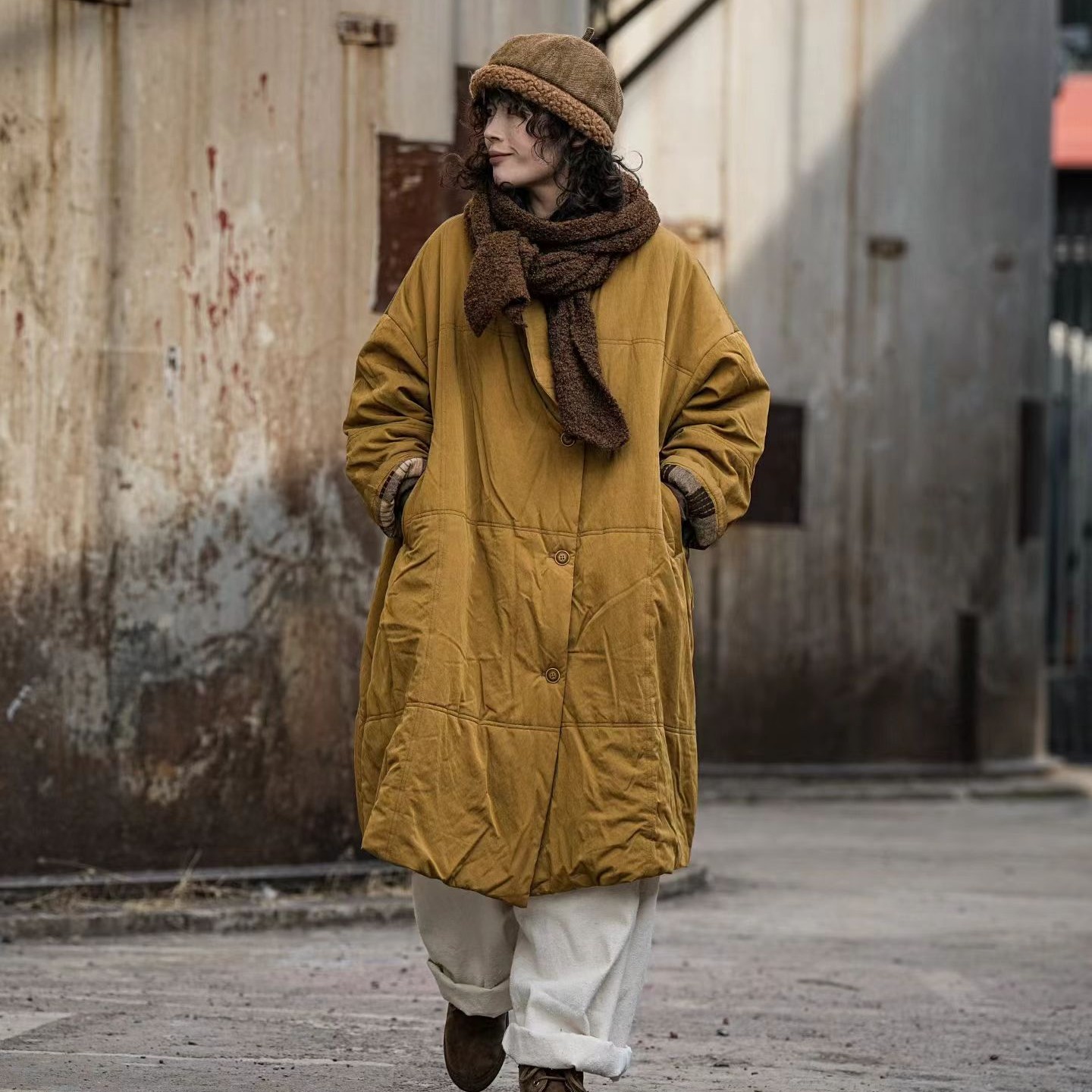 疯子张24冬款宽松立领休闲复古中长款外套棉衣#08406