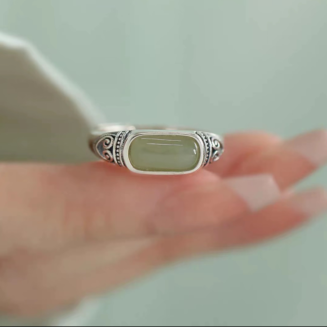 925银和田玉戒指马鞍戒气质个性可调节指环国风复古民族风