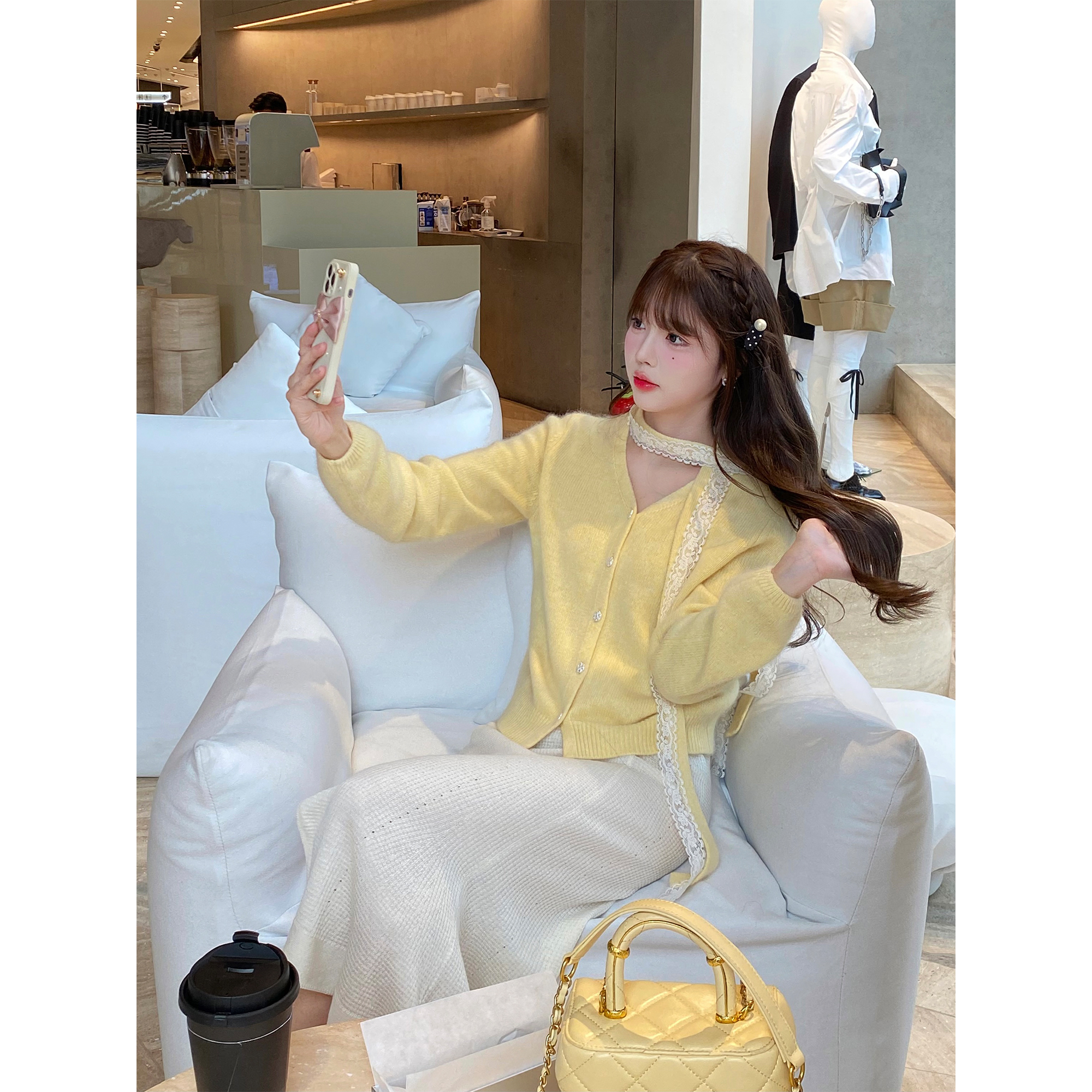 GA盈瓷秋冬开叉气质包臀鱼尾裙高腰白色针织裙子 24FW1059