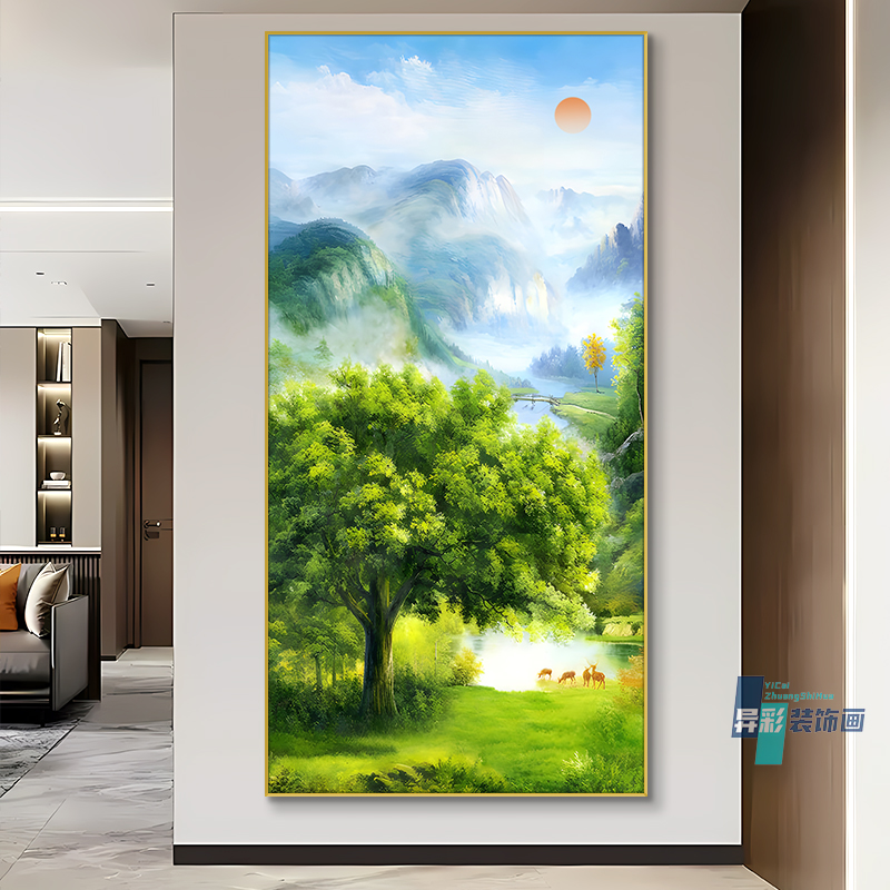 万物复苏玄关装饰画现代轻奢山水风景挂画入户走廊竖版高档玄关画