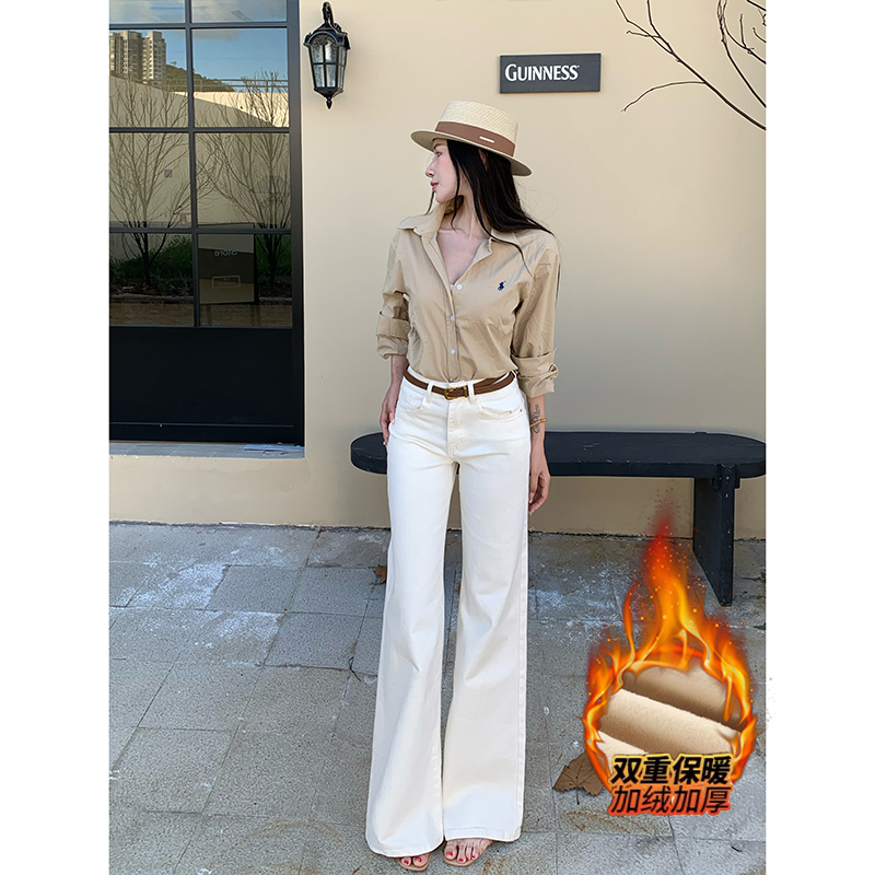 老钱感白牛不贴腿微喇裤女2025冬季新款加绒高腰宽松显瘦简约长裤