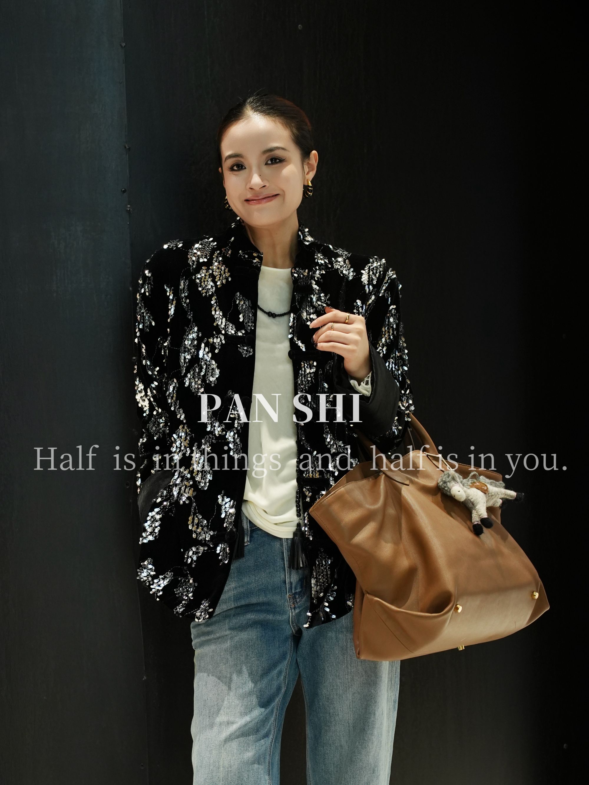 PANSHI原创设计新中式高级感重工钉珠刺绣亮片宽松丝绒国风外套