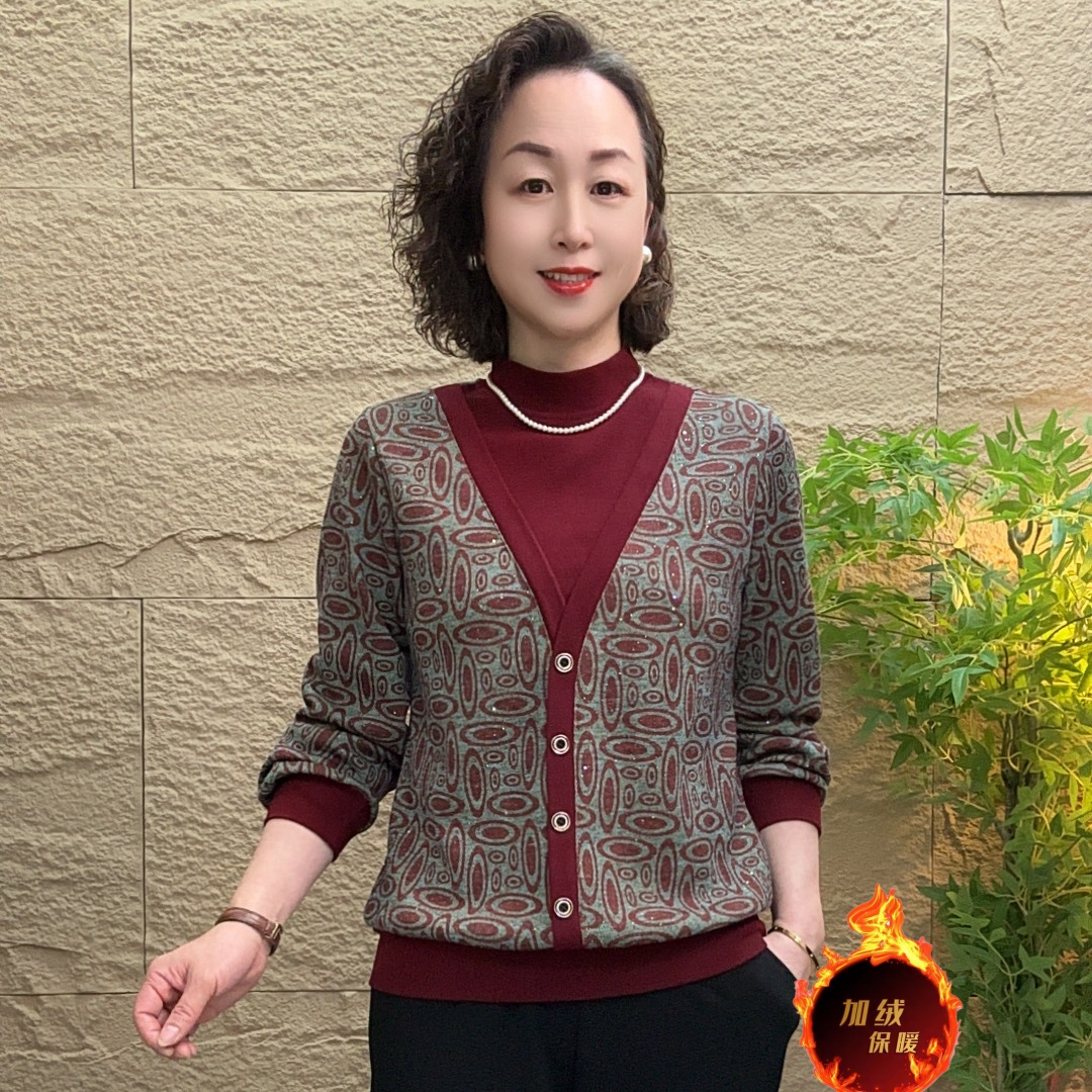 冬季加绒保暖假两件妈妈装女装时尚宽松洋气中老年半高领百搭长袖