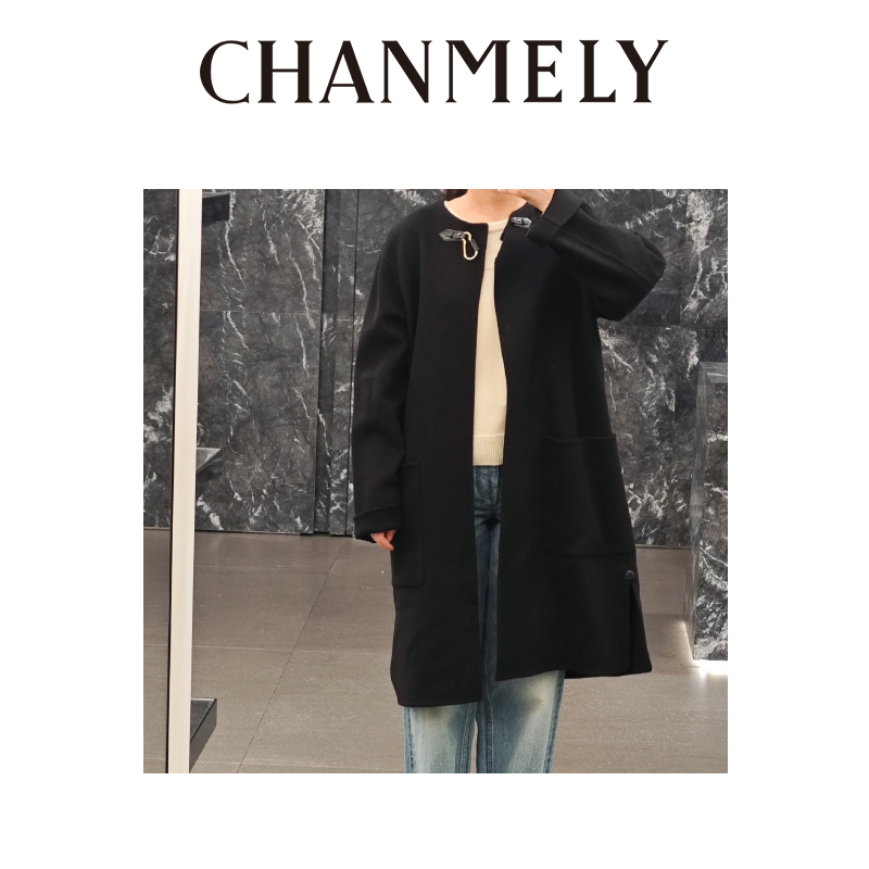 【CHANMITY】25/FW高奢纯色皮扣衣领双面羊毛中长款大衣外套025022 