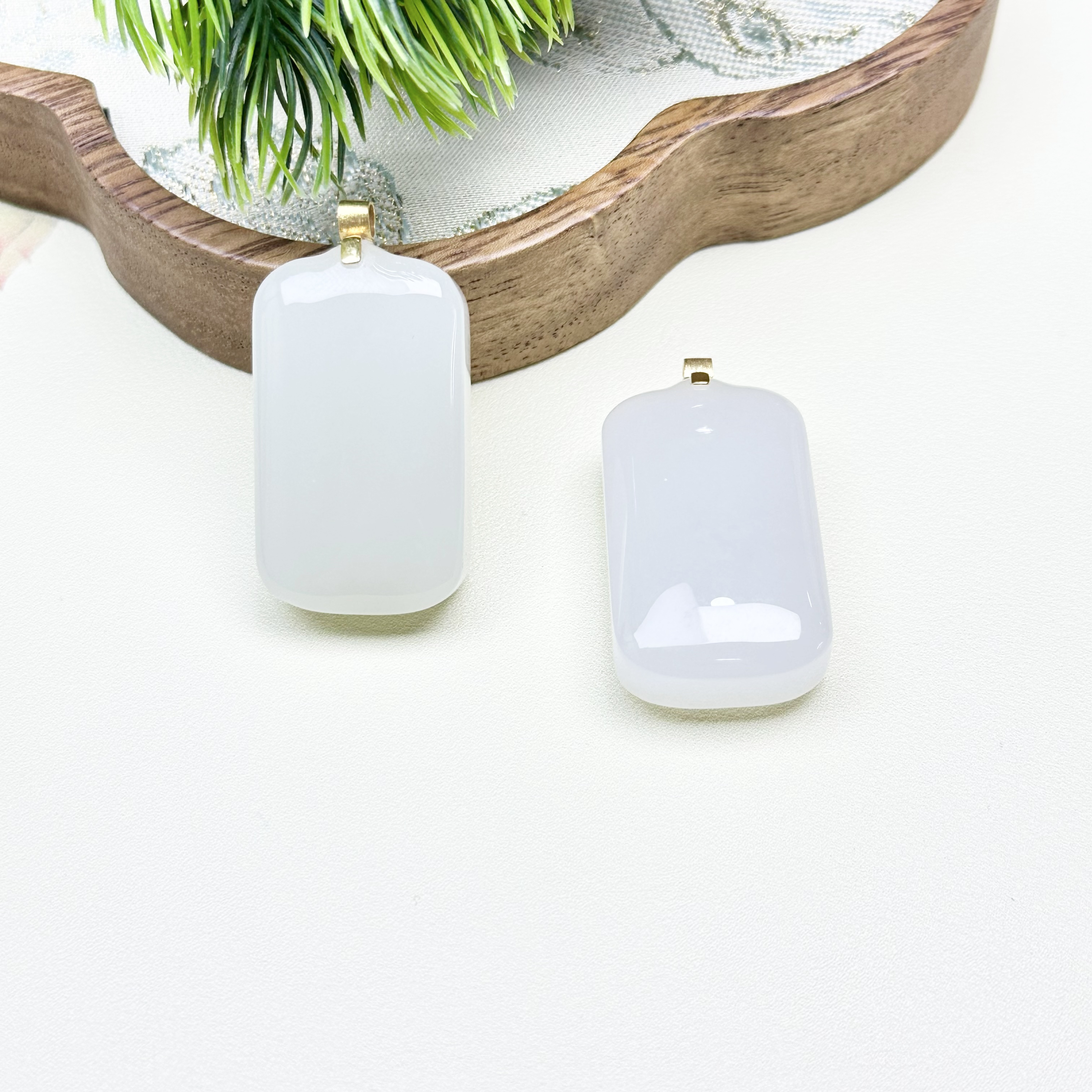 MS43和田玉冰底白玉无事牌吊坠18k金镶38*21*11mm+多样性发其一