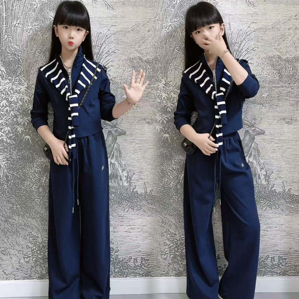 女童披肩运动套装2025新款秋季儿童立领开衫长袖上衣直筒裤两件套