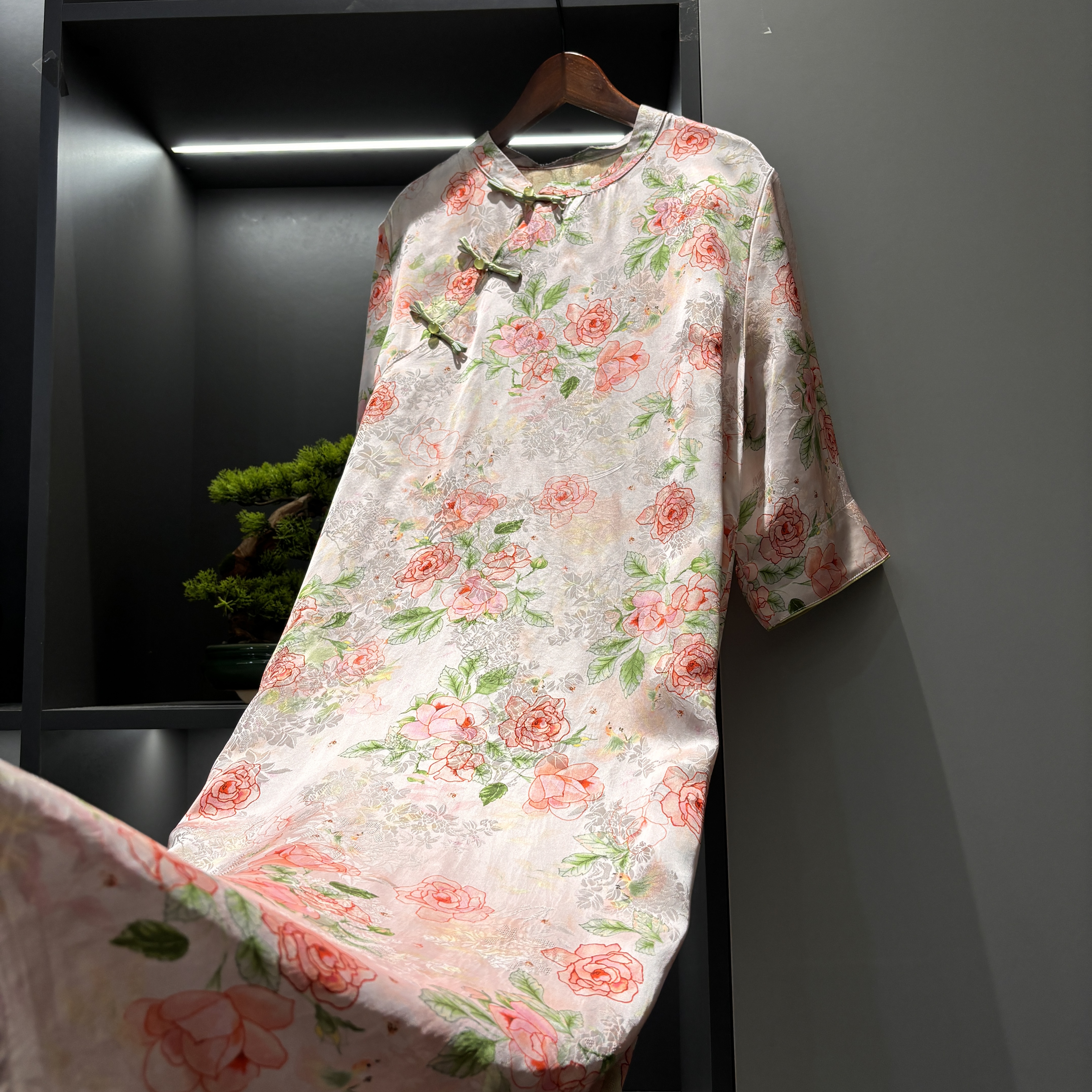 中式连衣裙复古花色斜襟盘扣提花夏季女装宽松连衣裙3586