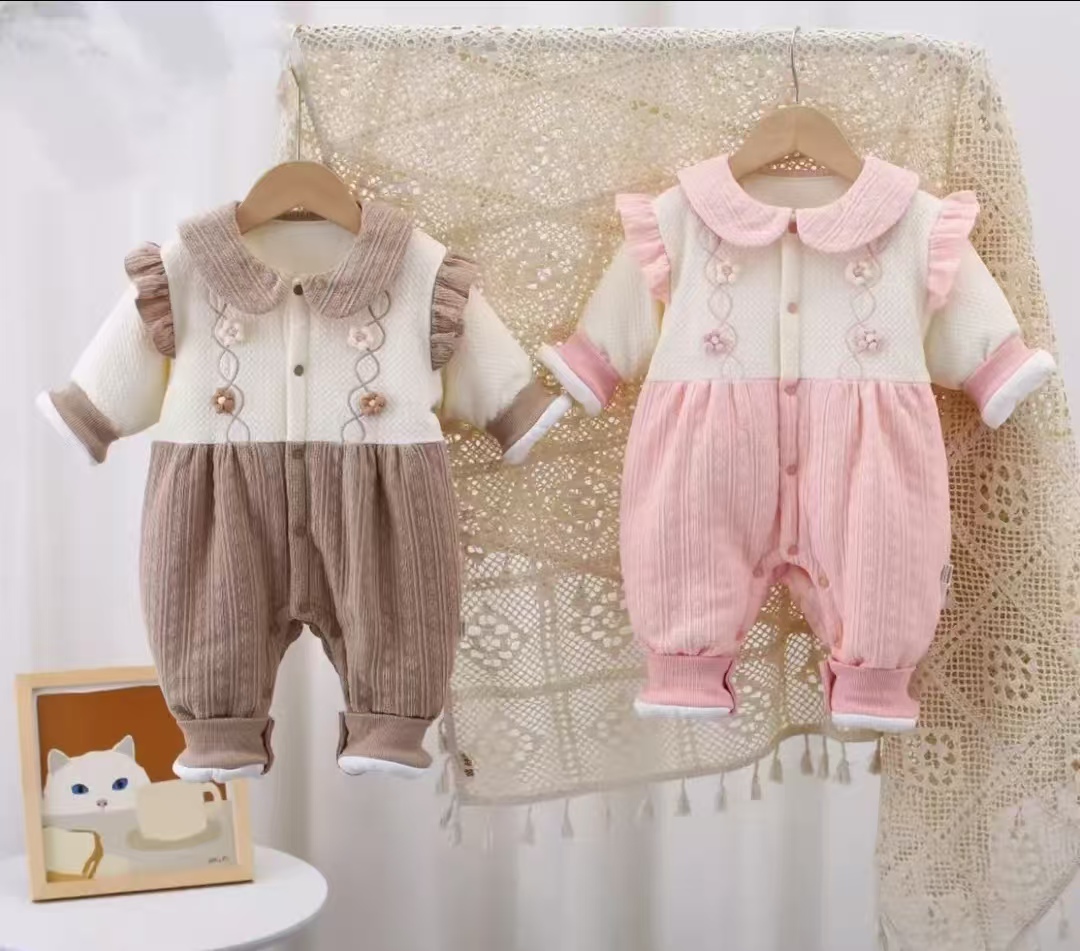 女冬季A类法式少女风500克哈衣爬服假两件洋气女宝女童