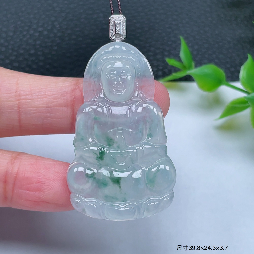 翡翠A货 18k金镶嵌冰润飘花观音吊坠