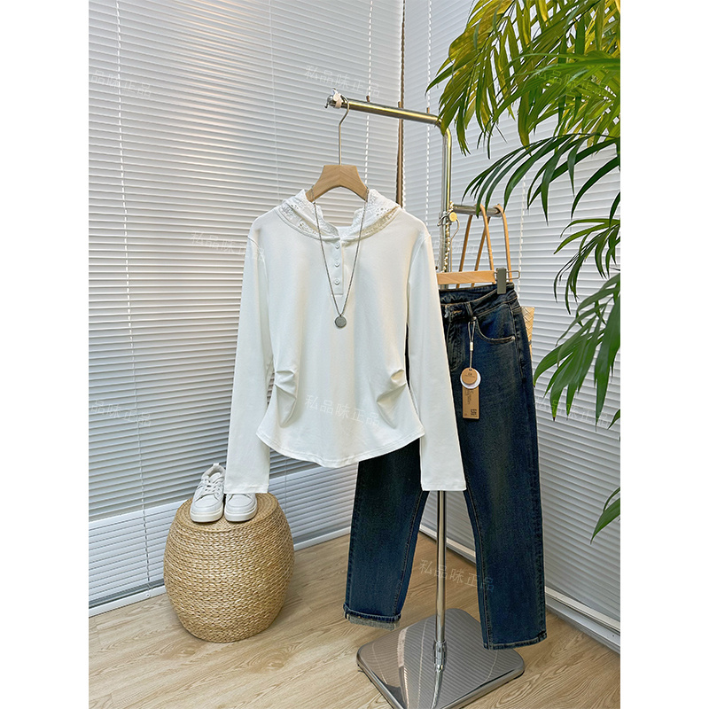 SPW私品味  2025秋装新品长袖T恤连帽女蕾丝拼接上衣W91386