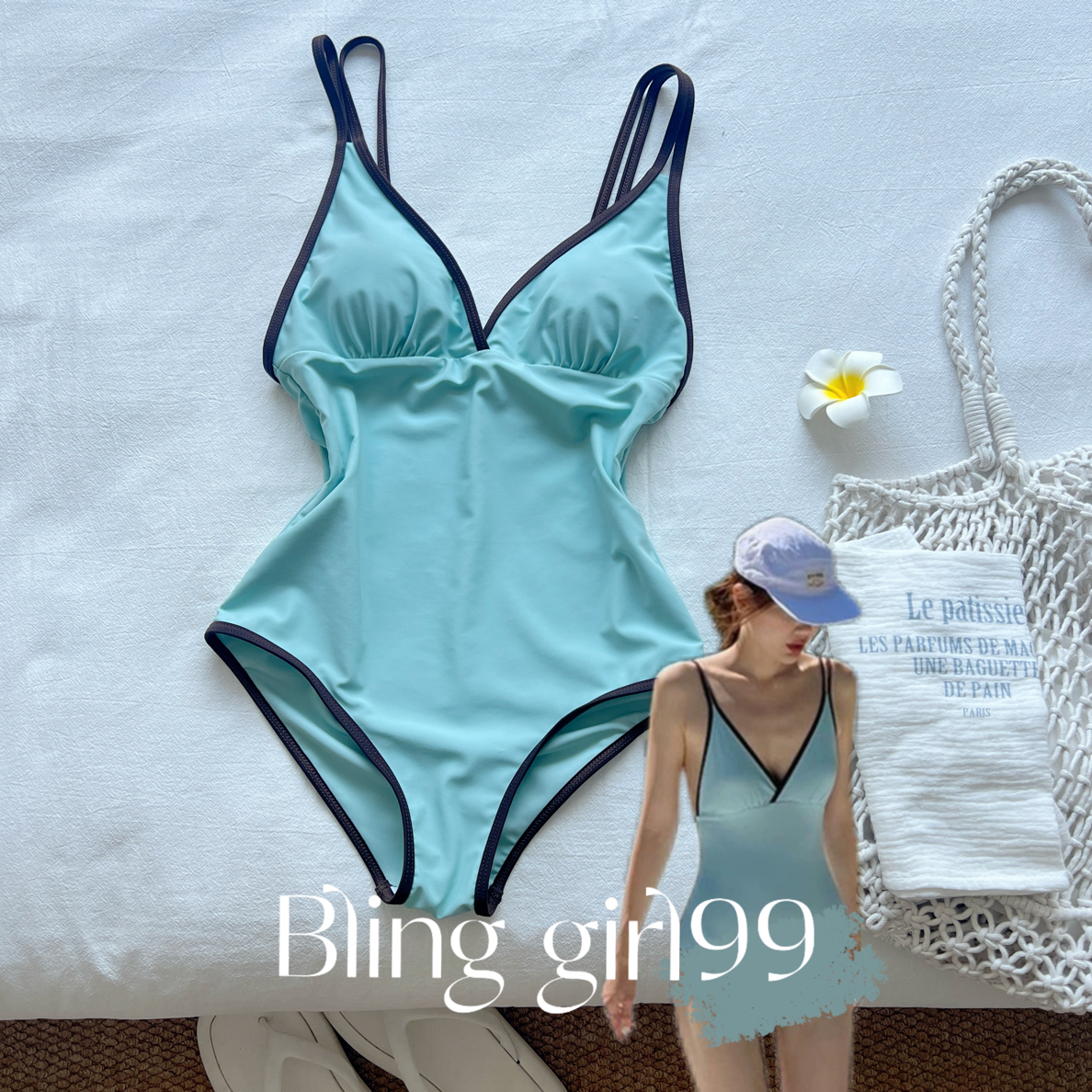 【奶皮薄荷】韩系ins高级感连体三角网红风夏显瘦遮肚露背温泉泳衣