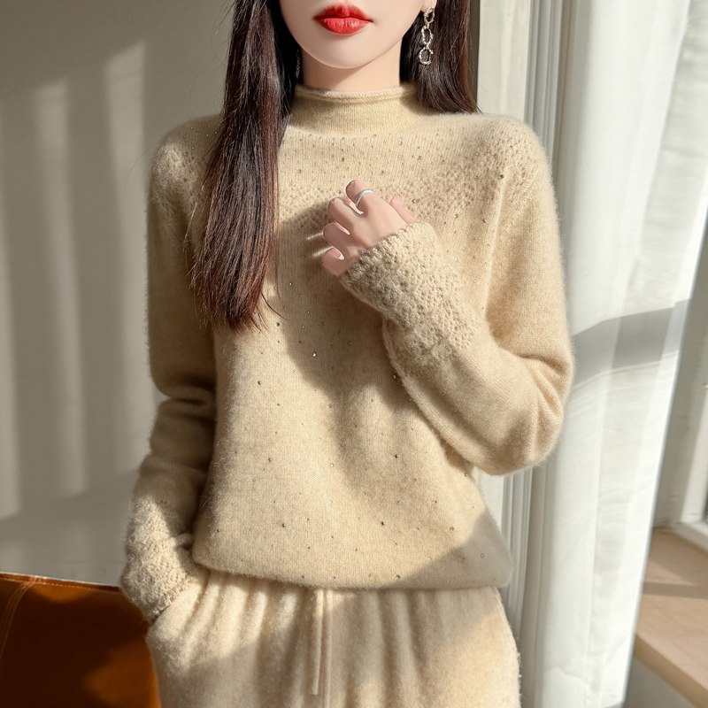 软糯亲肤冬季新款100纯羊毛衫女半高领镶钻钩花花边袖毛衣针织衫