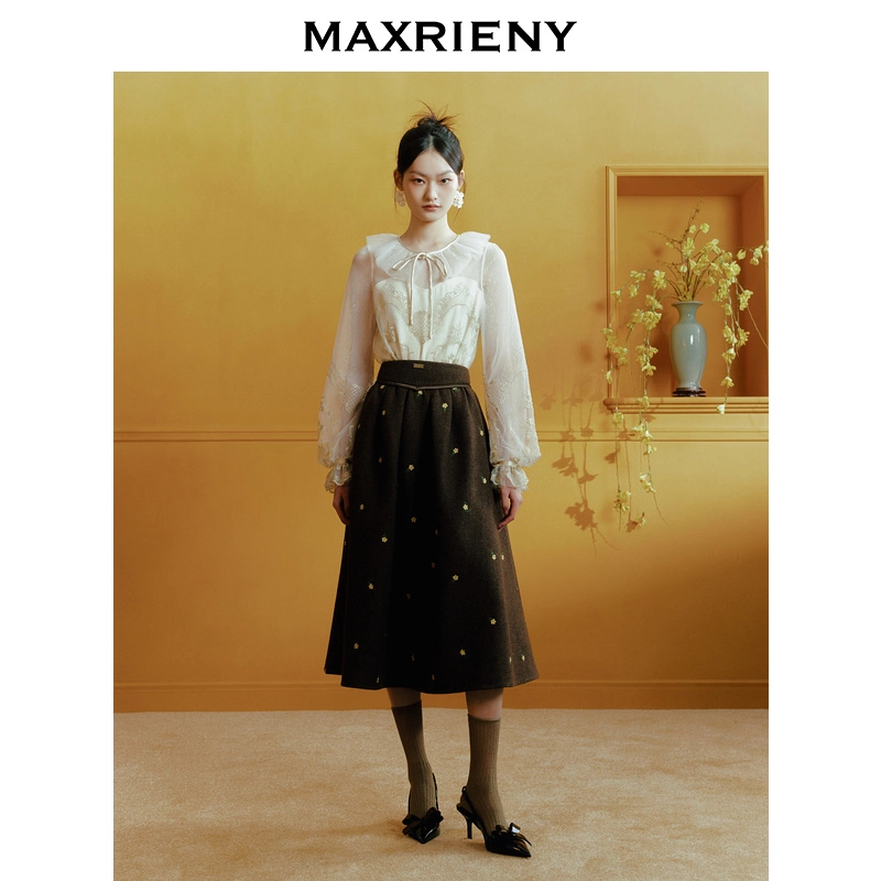 MAXRIENY宫廷复古刺绣半裙羊毛裙冬雅丹风穿搭MC88SK811X90半身裙