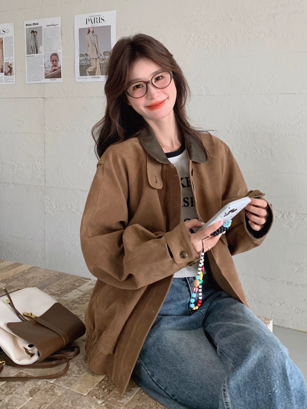 【D197】2025新款宽松休闲小个子夹克美式复古棕色麂皮绒外套女春秋