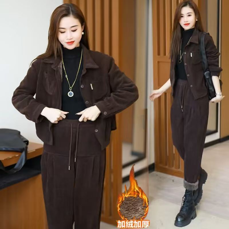 秋冬季新款时尚穿搭气质休闲运动宽松显瘦加绒加厚两件套女装套装