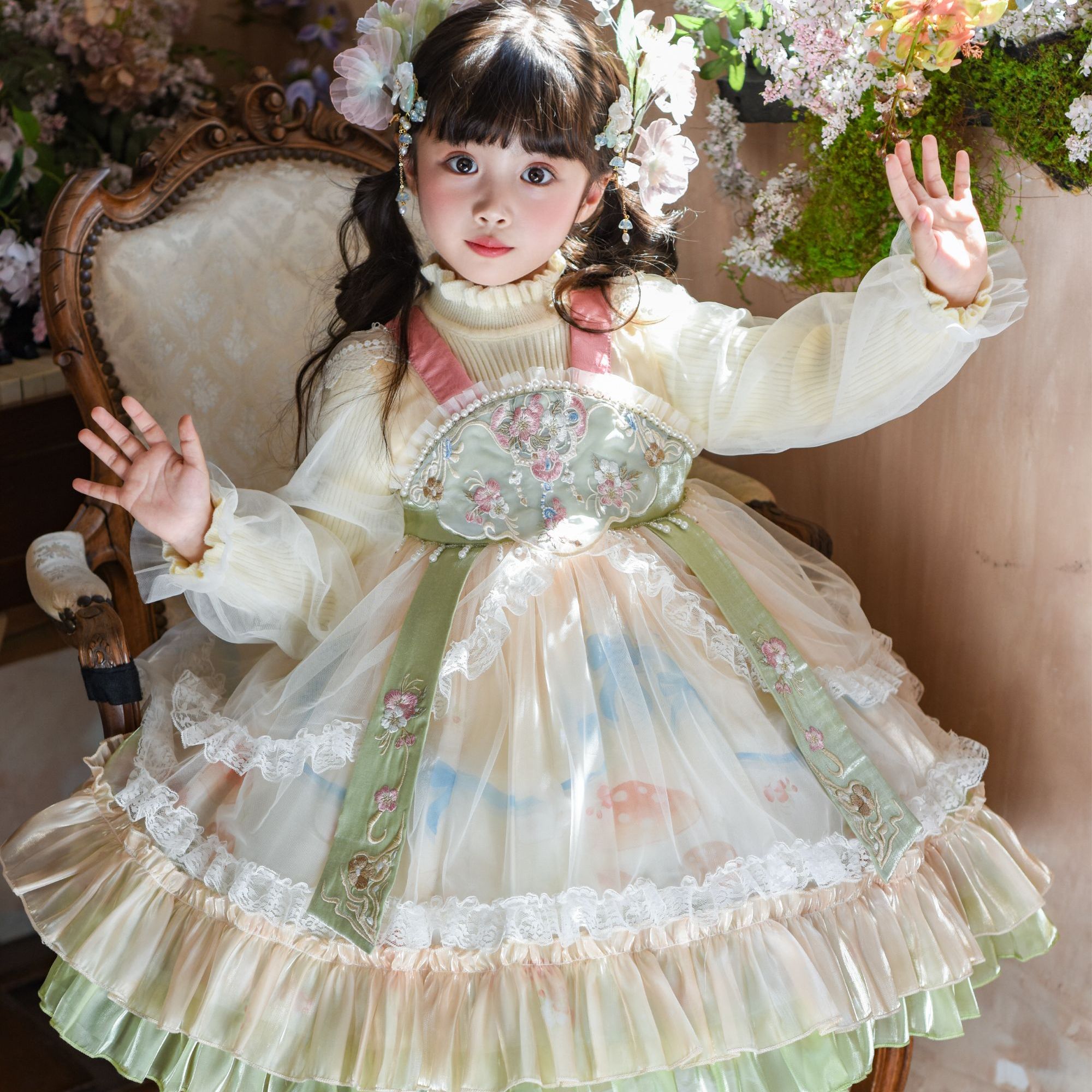 ***绿萝汉服公主裙秋款美小女孩连衣裙