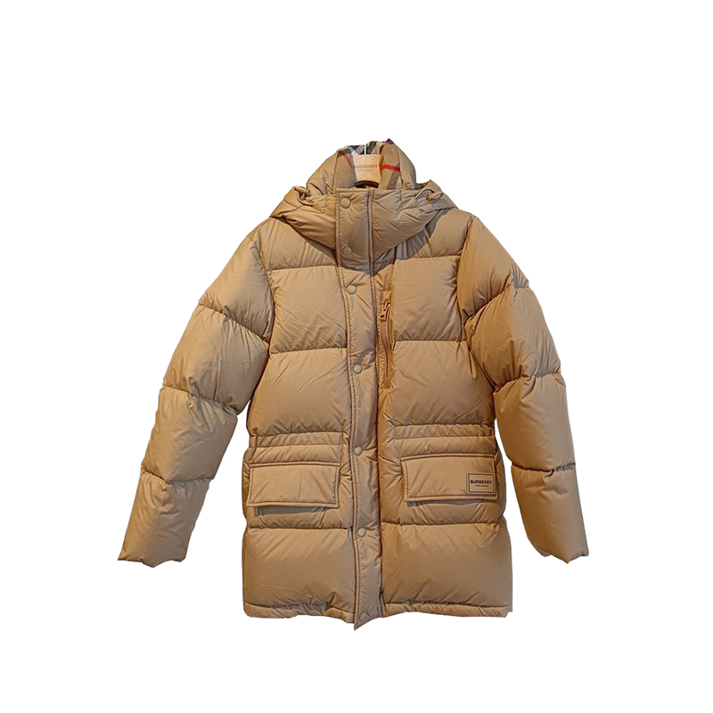 Burberry/博柏利男士驼色尼龙纯色拉链开合连帽羽绒服 休闲时尚