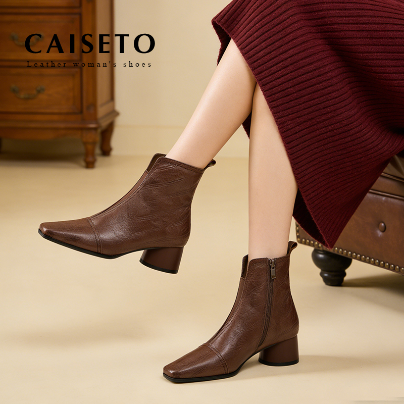 头层羊皮4cm 秋冬粗跟真皮方头短靴侧拉链保暖绒里时尚女靴5X017