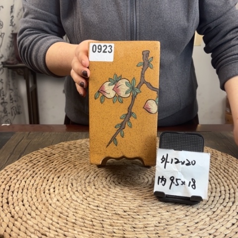 紫砂花盆柴烧寿桃手绘签筒0923