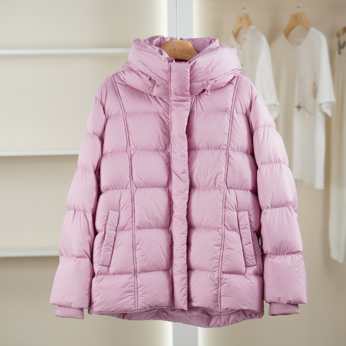 麦迪尚品【高货】5120401 秋冬时尚温柔立领保暖连帽羽绒服折扣女装