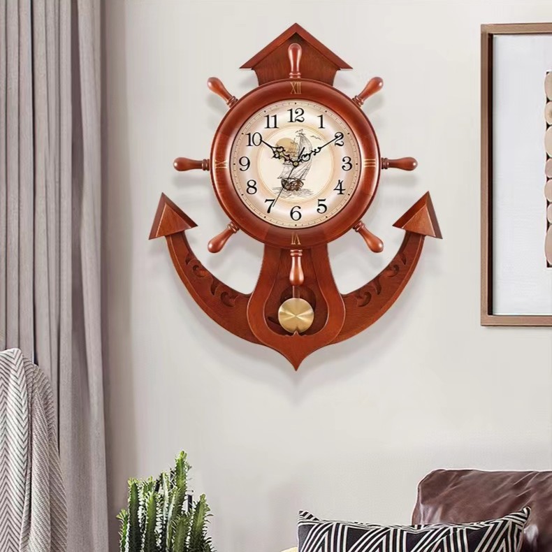 时尚客厅家用创意大气钟表挂钟静音舵轮锚挂钟实木款