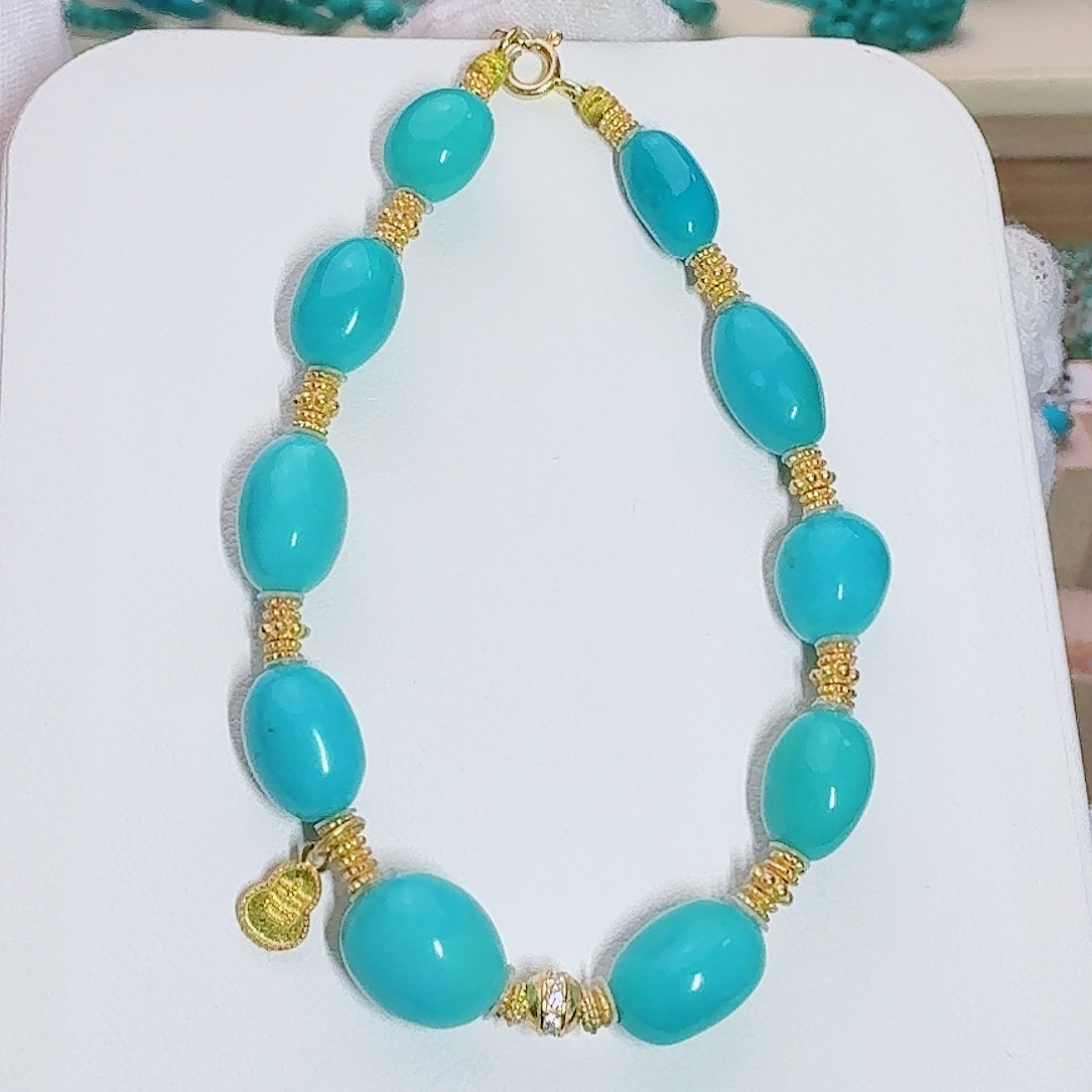 绿松石未镶嵌珠宝奇石高瓷蓝饱满糖豆手链