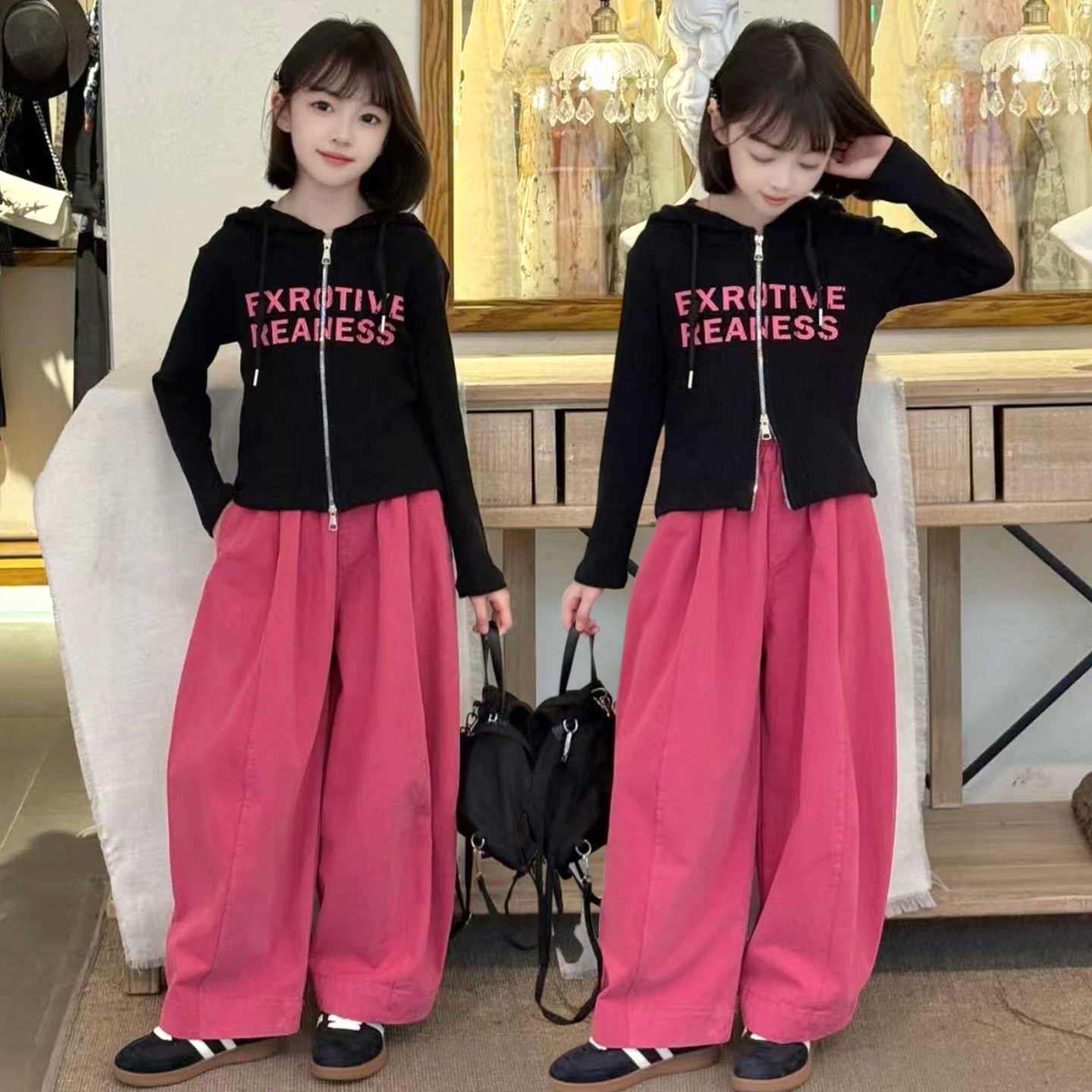 【潮酷辣妹风】女童洋气工装套装秋装新款韩版中小童工装裤两件套潮