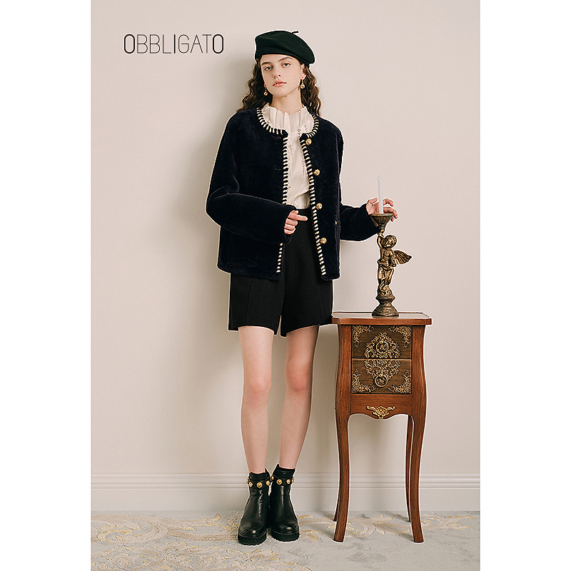 OBBLIGATO奥丽嘉朵1C33509810秋季皮质包边羊毛皮毛绒外套