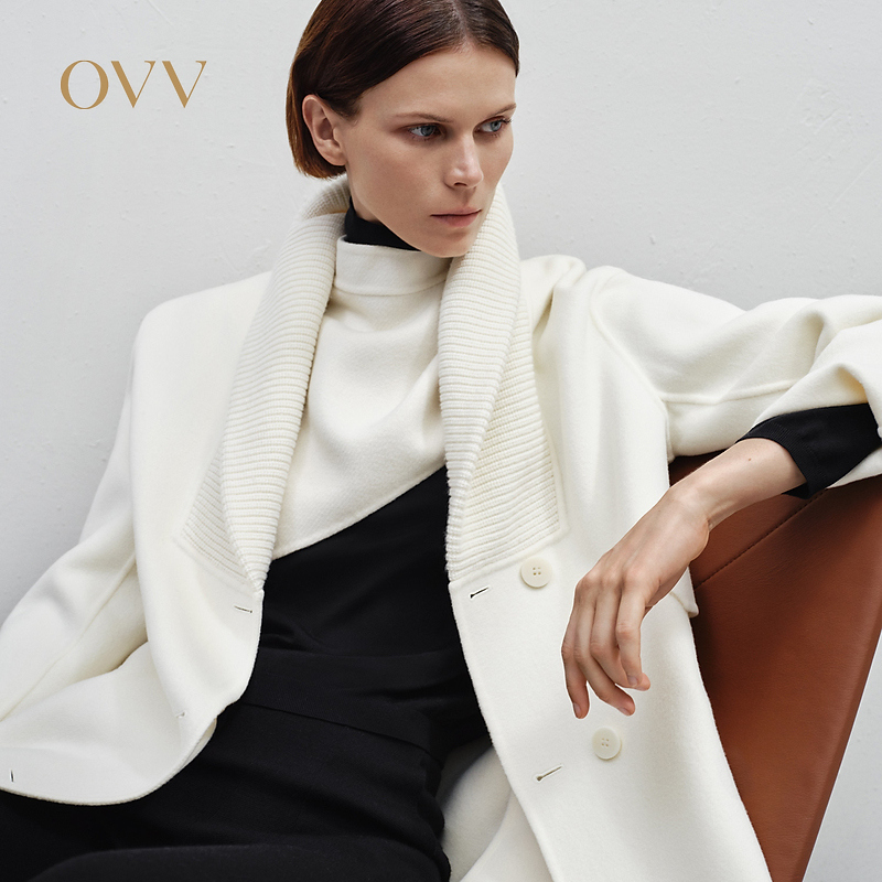 OVV秋冬新款女装高支羊毛翻领单排扣中长款双面呢大衣