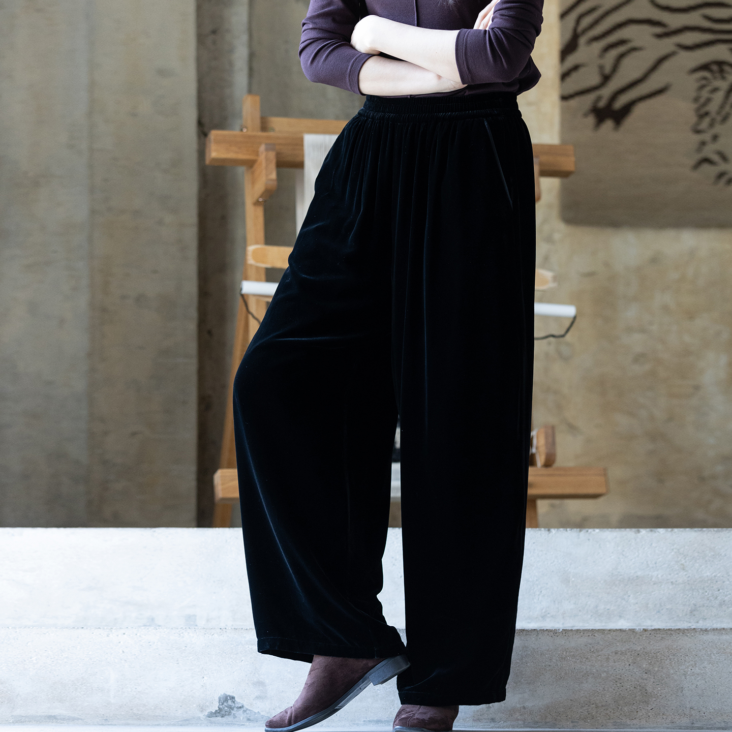 牧衣游原创 丝绒净色长裤新款垂感显瘦保暖松紧腰休闲裤 少年与树