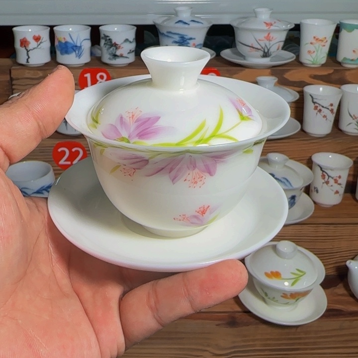 冰种手绘三才盖碗紫色花