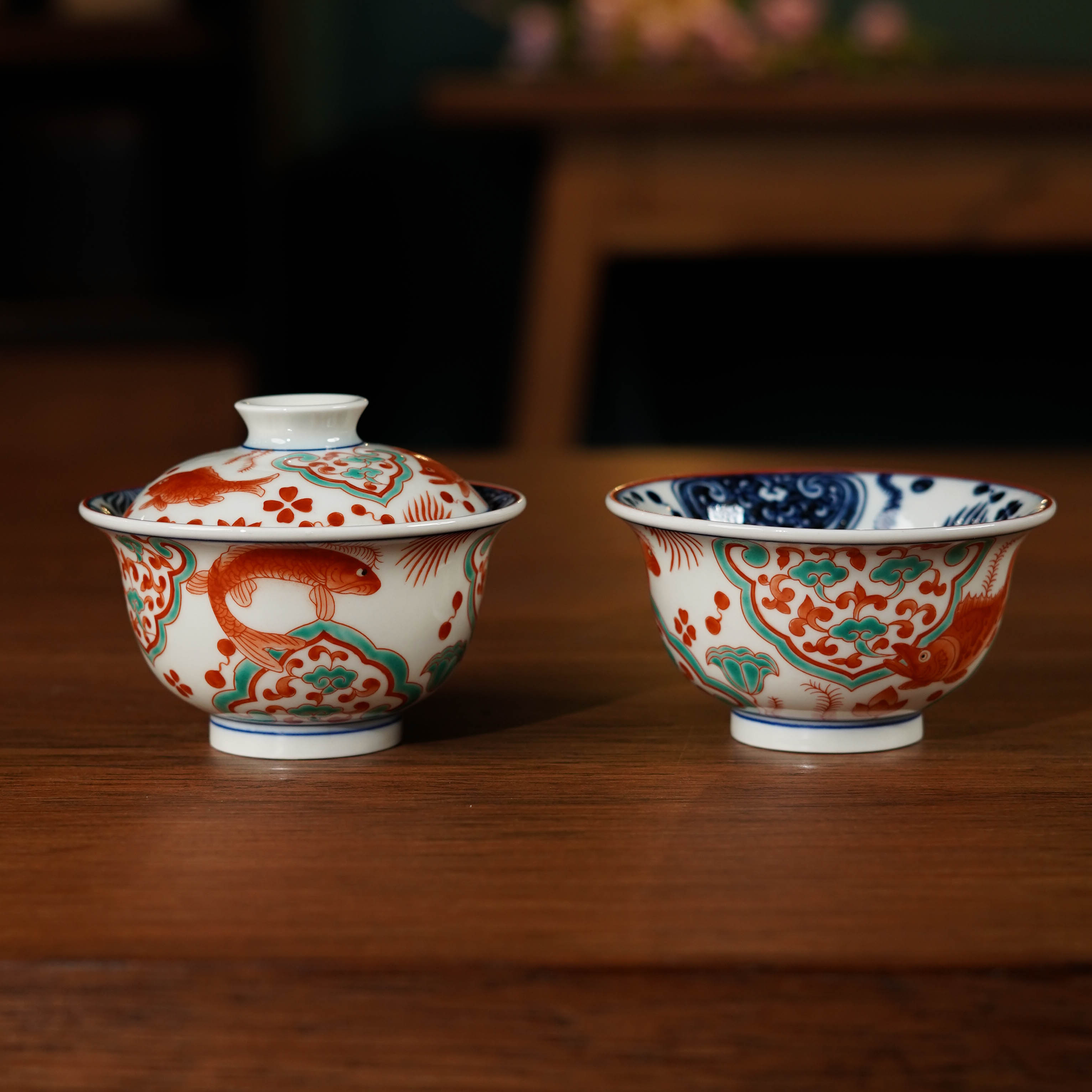 【景德镇邮政专属】余洪亮红绿彩青花鱼藻压手盖碗组合jd770+JD771