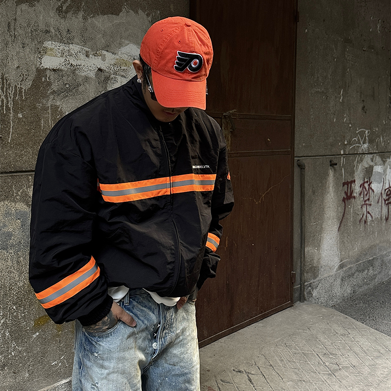 【促】白鹤大人美式复古拼接夹克男士休闲反光条宽松立领冲锋衣外套