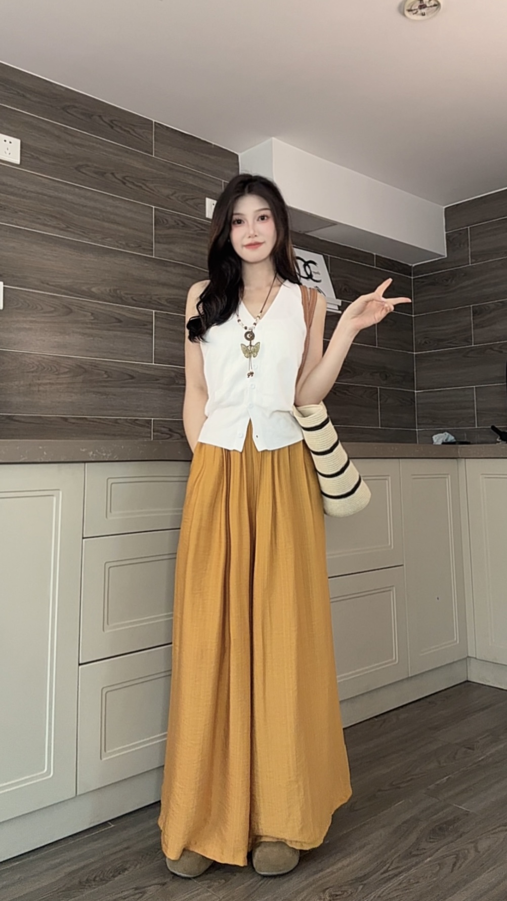 十三行欧货韩版新款麻料克莱因蓝高腰大阔腿慵懒九分裤裙