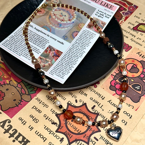 非金属仿珍珠项链 秋冬咖色爱心原创项链可爱优雅精致甜美P598