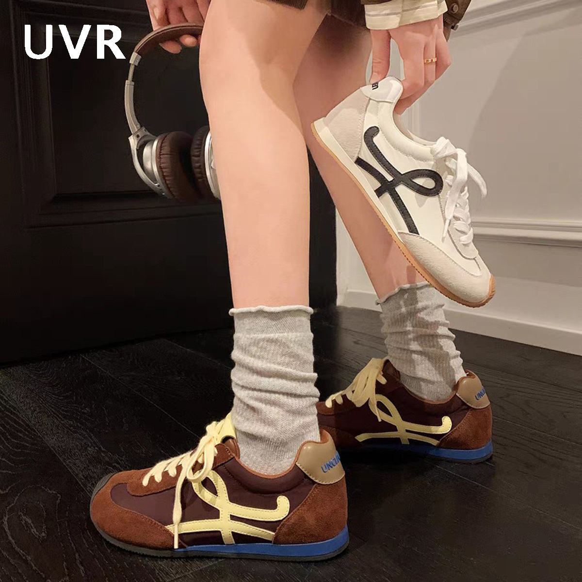 【UVR】春季韩版真皮运动德训鞋复古时尚百搭阿甘鞋休闲轻便华夫鞋