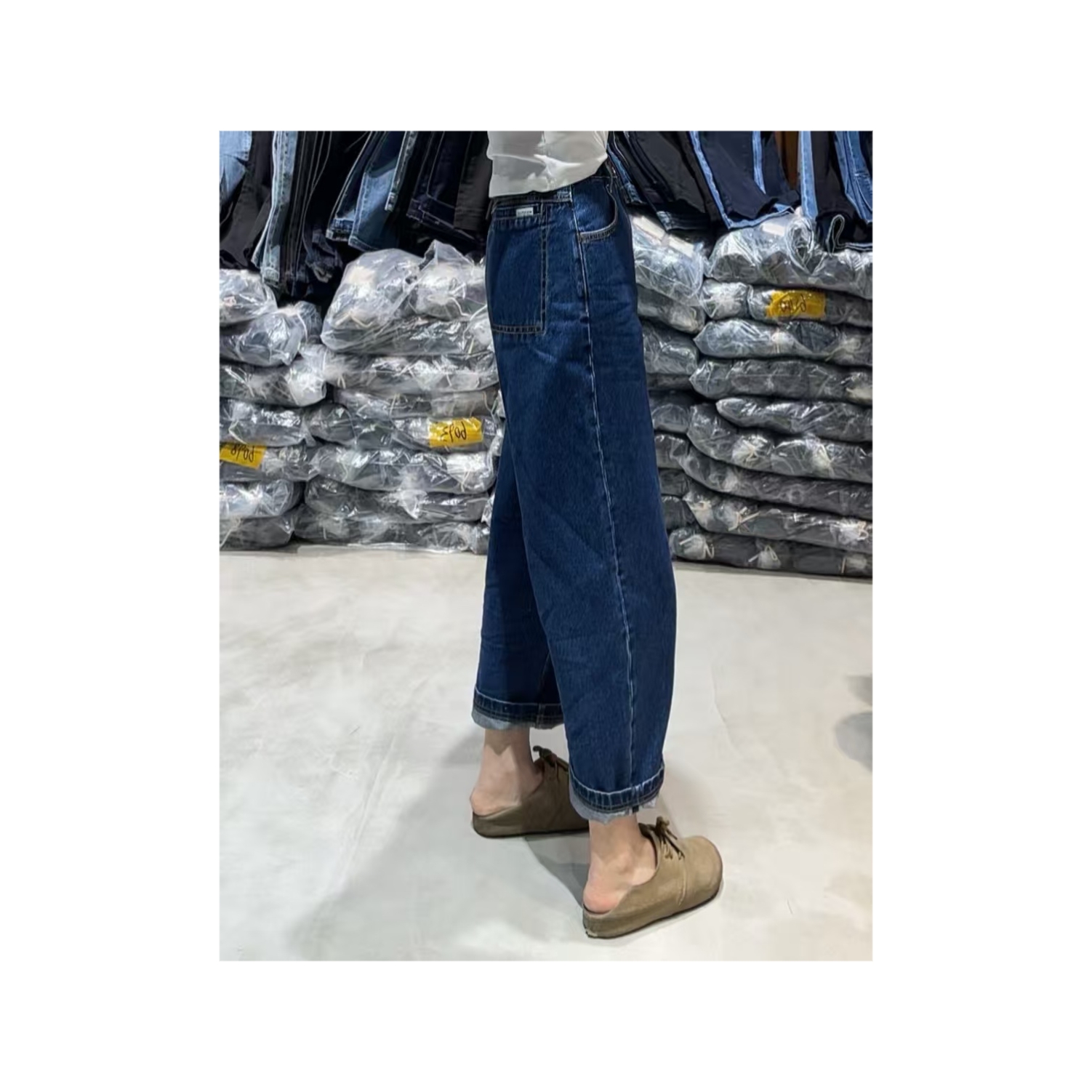 迷你春款高腰显瘦九分水洗蓝直筒牛仔裤