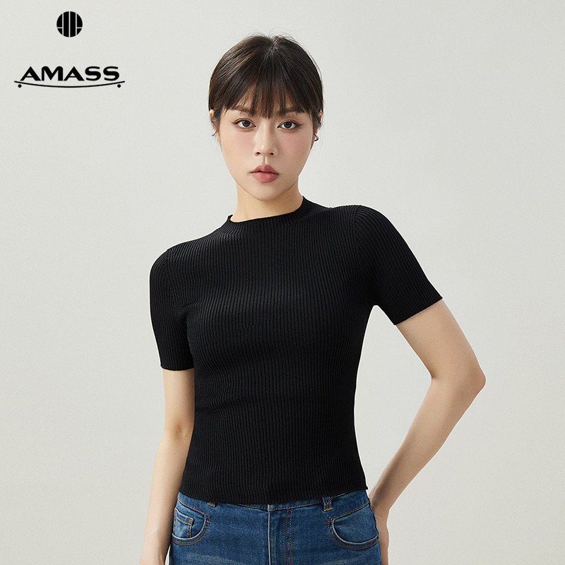 阿玛施AMASS新款简约显瘦冰丝短袖百搭学院风多巴胺针织衫5399601