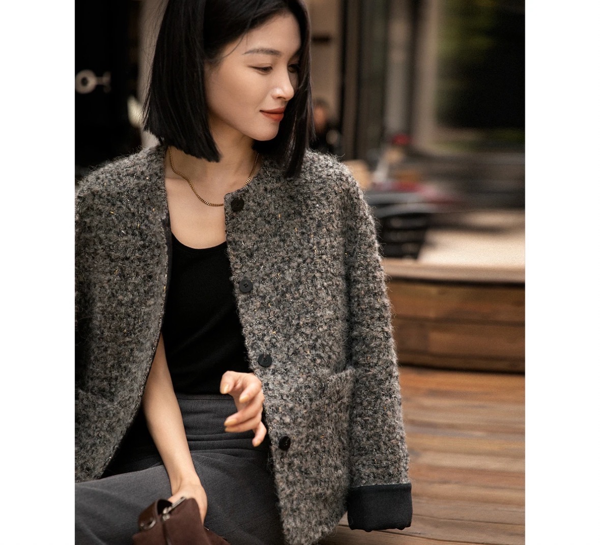 冰川雪花灰 显贵价值感立体圈圈圆领大衣外套