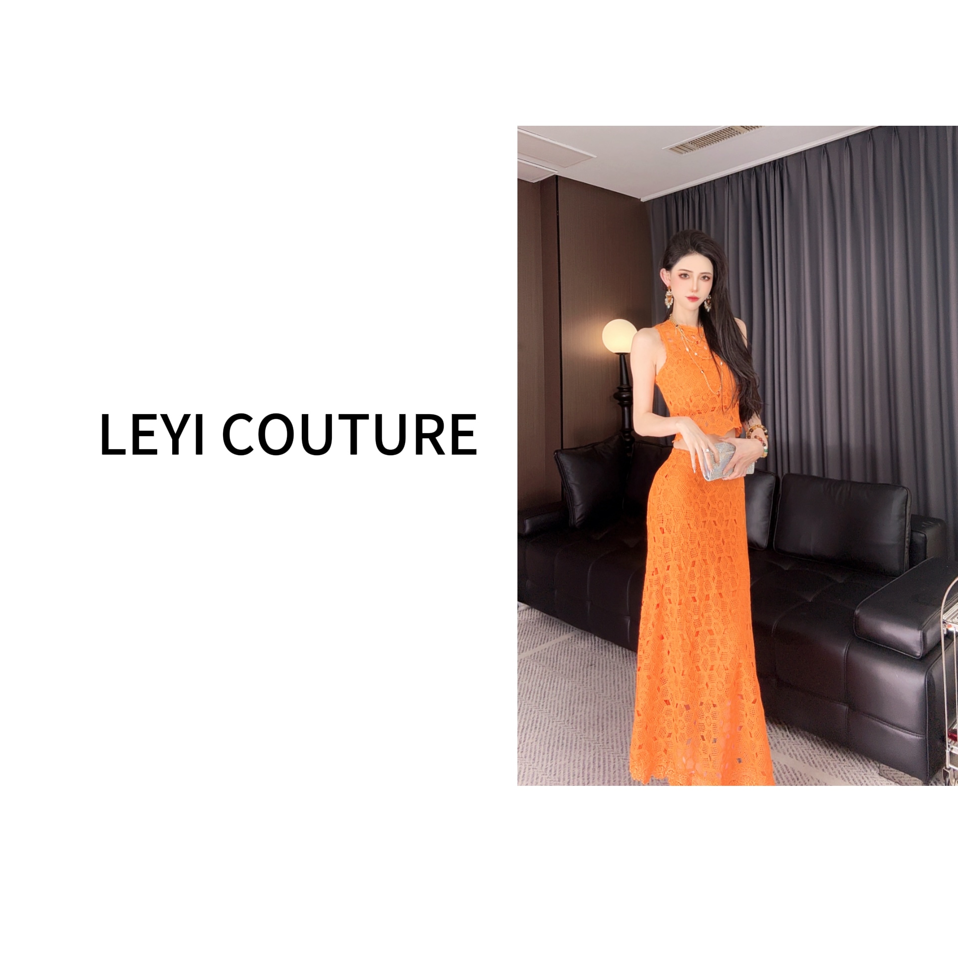 【 LEYI COUTURE】畑畑2025高端气质落日橘光镂空针织套装