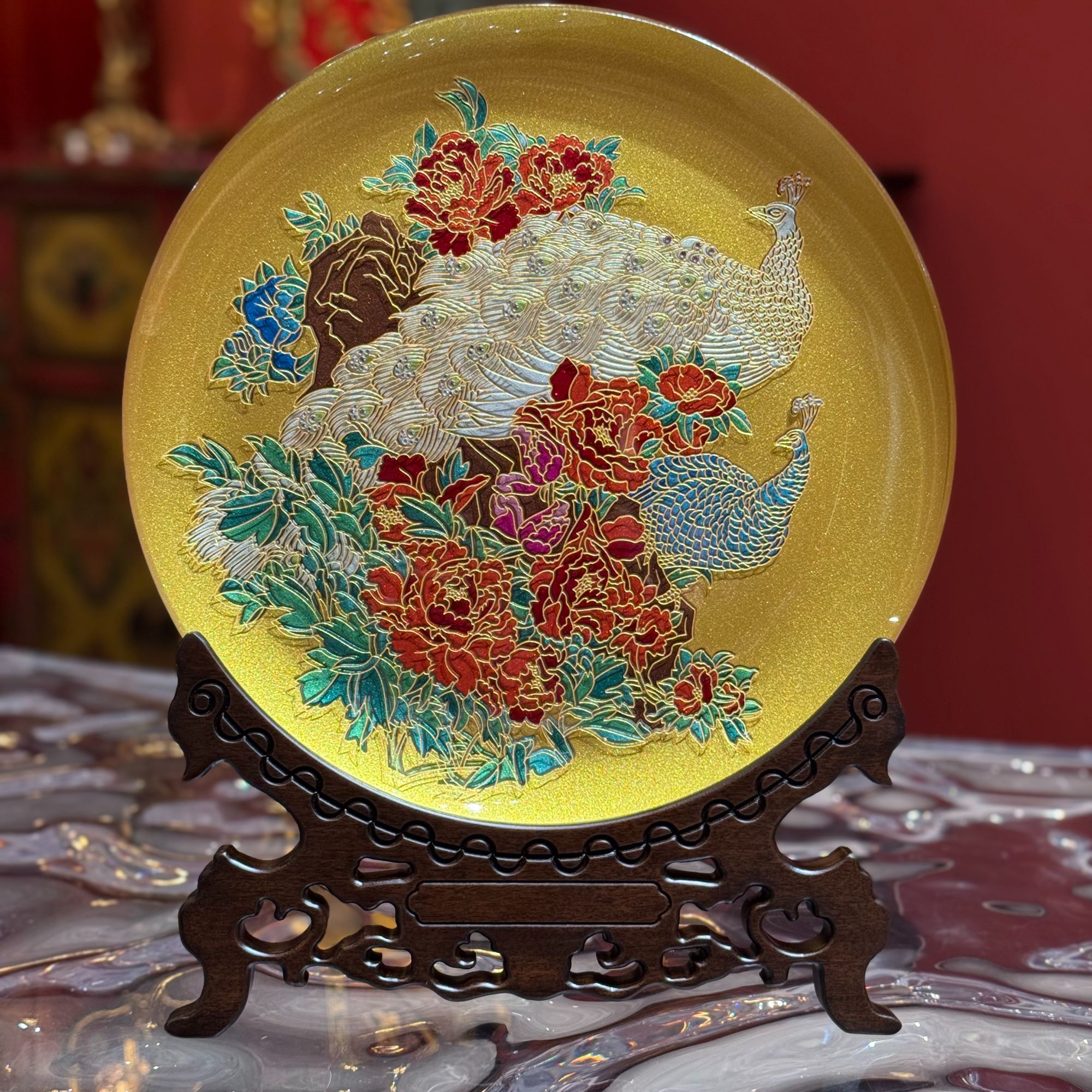 【雀之灵】办公室茶桌摆件双面赏盘中国风复古台屏装饰 直径32CM