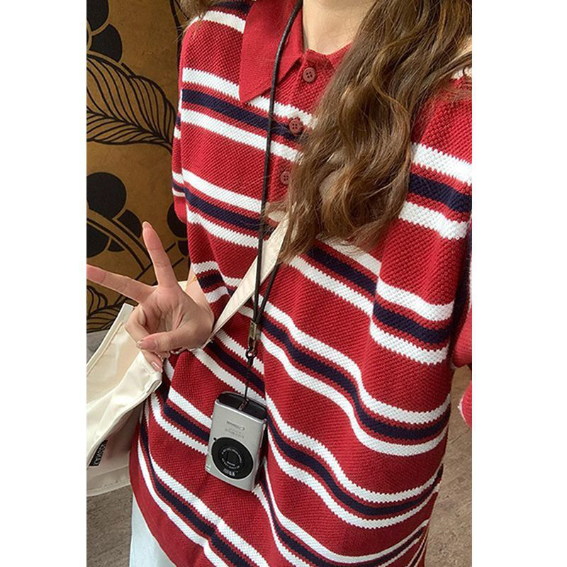 美式复古针织短袖女夏季polo领条纹t恤撞色宽松学院风休闲上衣潮