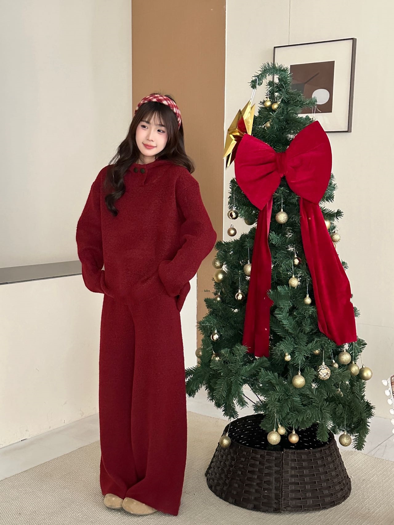 2025新款圣诞红色新年连帽毛衣+针织裤两件套套装冬季加厚保暖