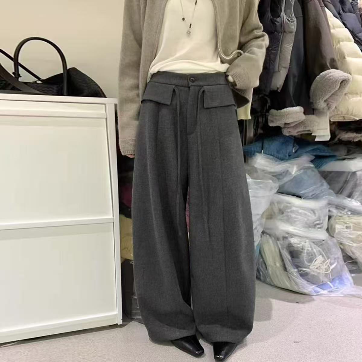 款时尚洋气百搭阔腿裤毛呢加绒裤子新款时尚洋气百搭女装休闲裤