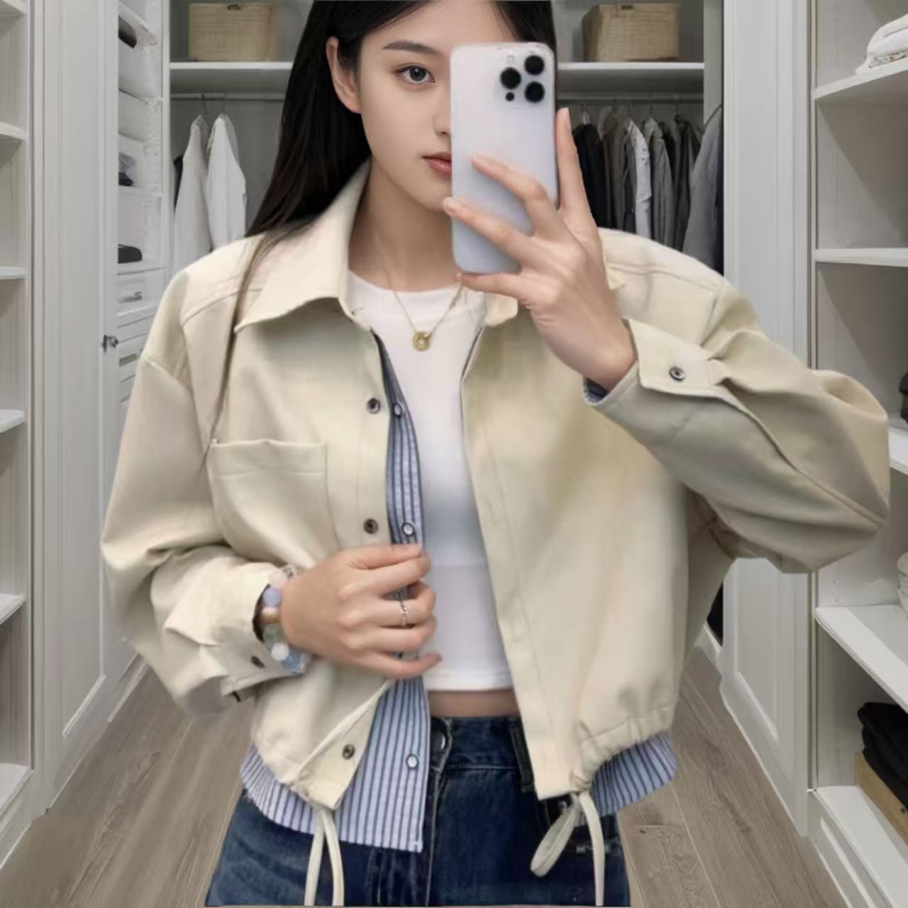 短款皮衣时尚女装春秋百搭夹克上衣日奢风复古风假两件拼接PU